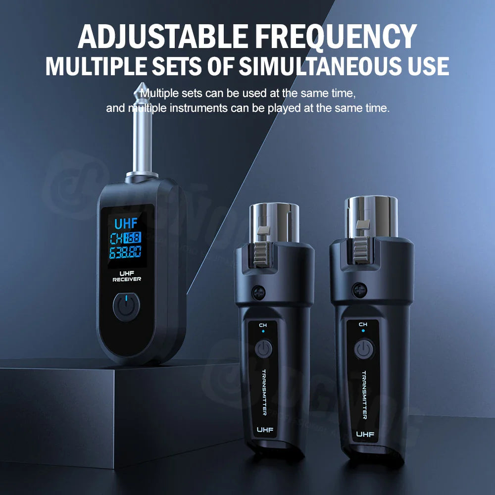 Black uhf wireless instrument transmitter and receiver set with digital displays for microphone and guitar audio system
