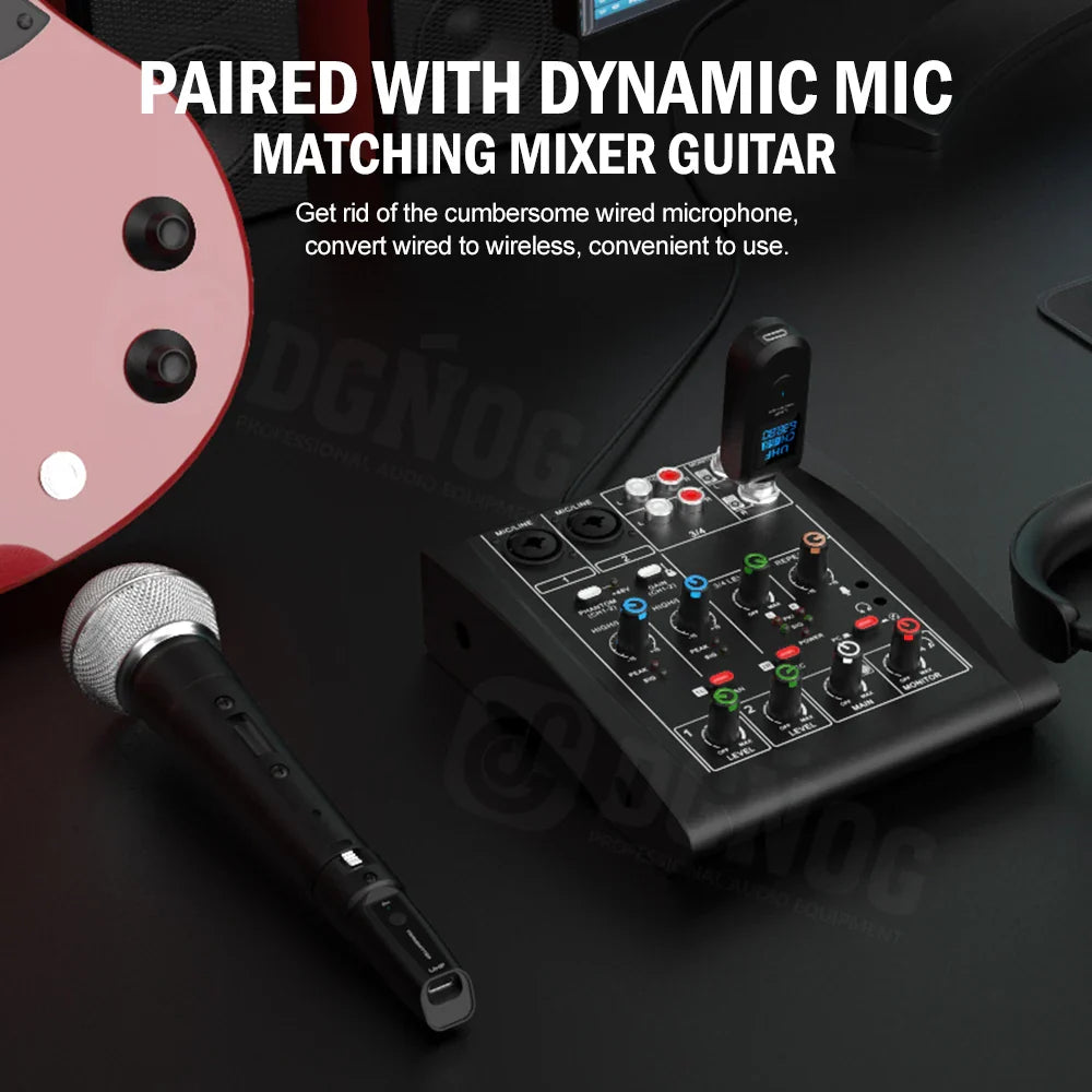 Black wireless dynamic mic mixer with colorful knobs and digital display paired with silver mesh handheld microphone for audio mixing
