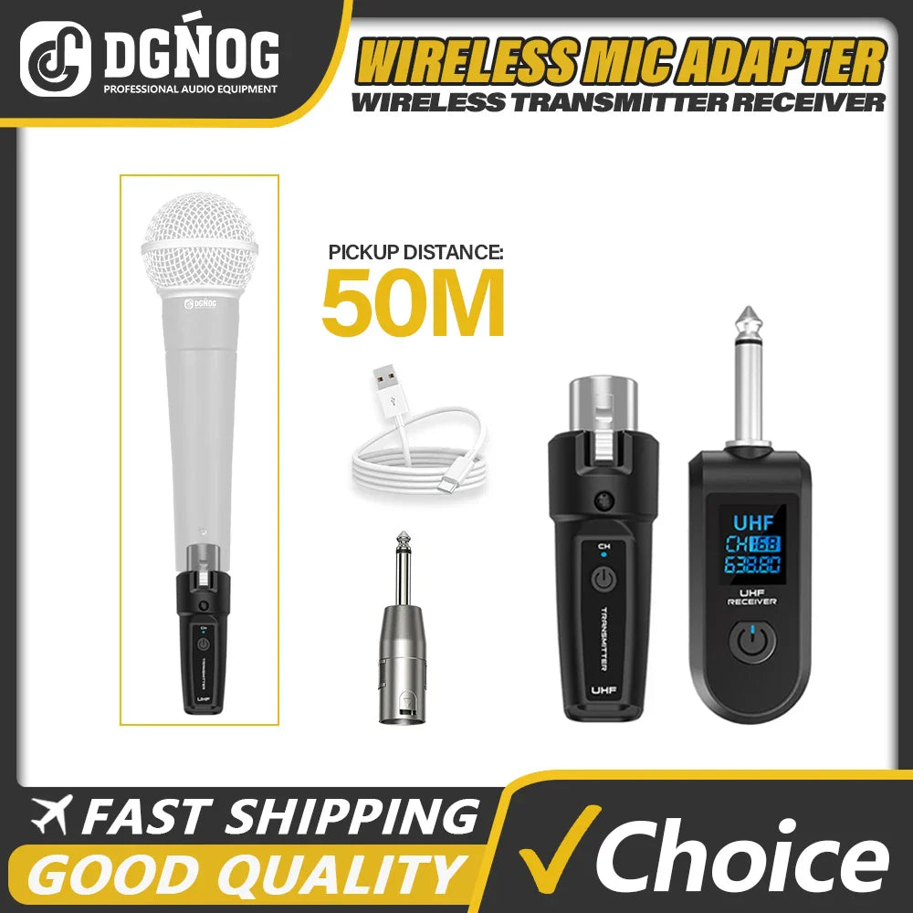 White handheld wireless microphone transmitter with uhf xlr adapter and receiver for dynamic microphone guitar use