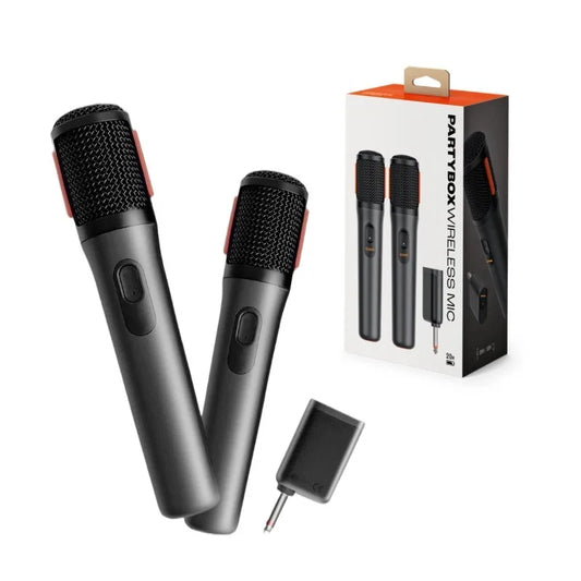 Black wireless microphone two channel with red accents and textured mesh grilles for live studio handheld use with receiver and packaging