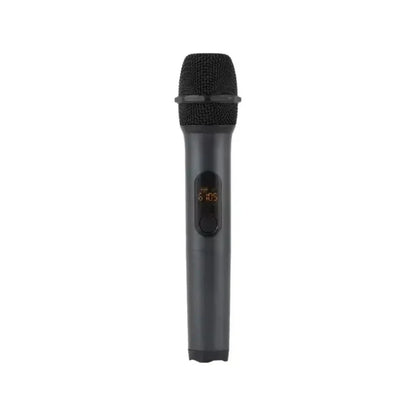 Black wireless microphone uhf with textured grille and illuminated display for rechargeable receiver cordless church party speaker
