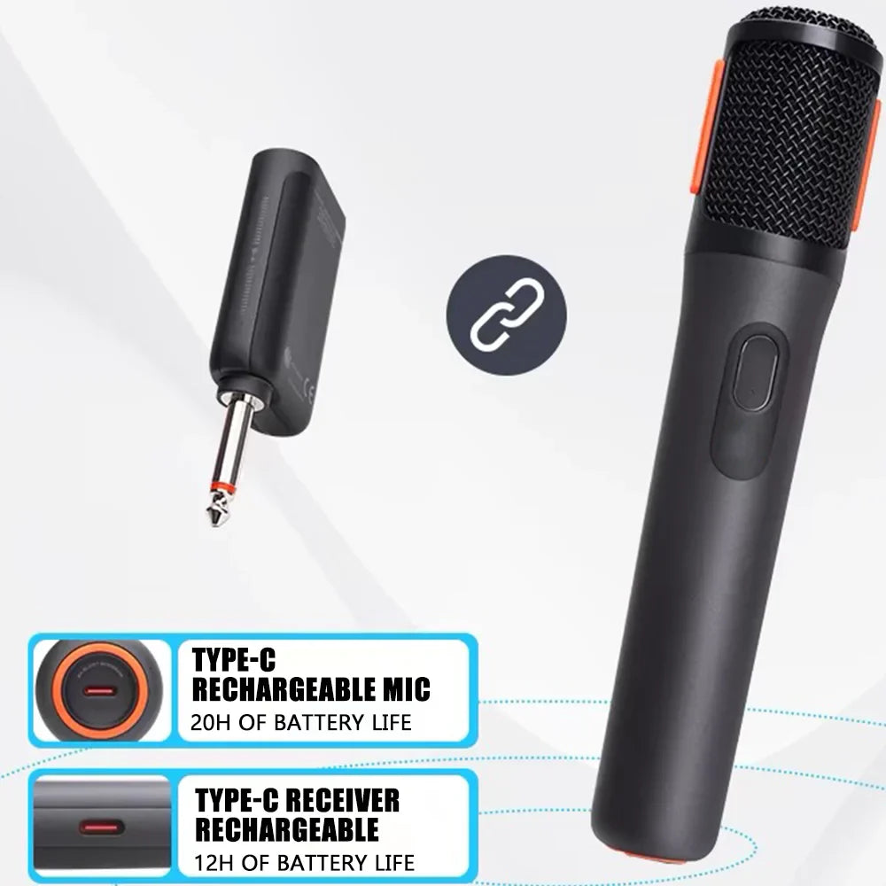 Black handheld wireless microphone uhf with orange accents and mesh grille paired with rechargeable receiver wireless for parties