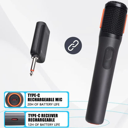 Black handheld wireless microphone uhf with orange accents and mesh grille paired with rechargeable receiver wireless for parties