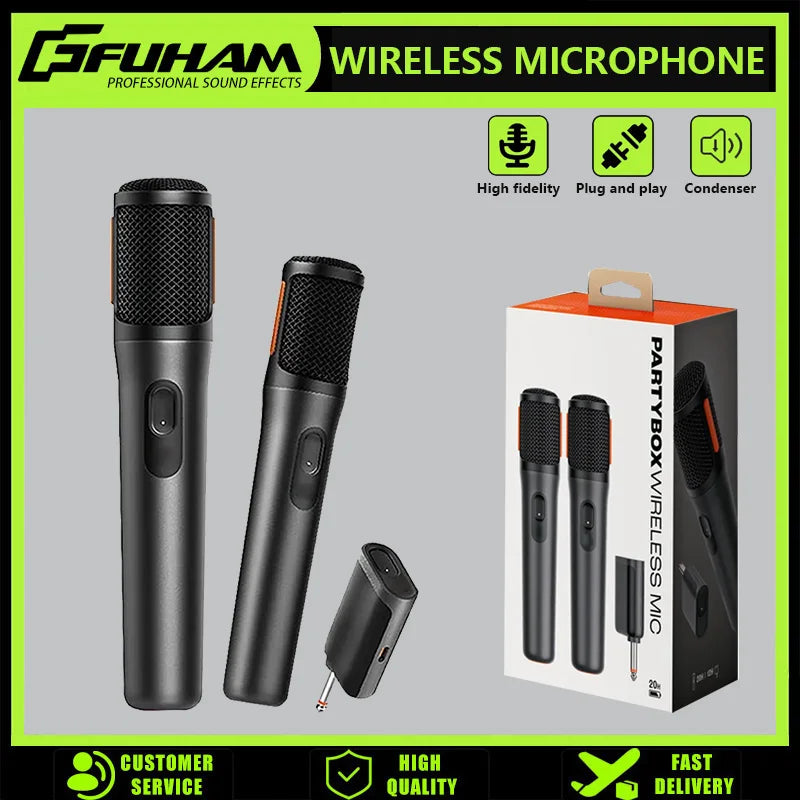 Black and orange fuham wireless microphone uhf 2-channel karaoke system with rechargeable receiver handheld microphone suitable for parties