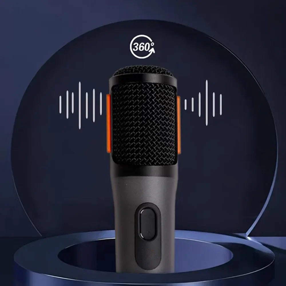 Black handheld wireless microphone uhf with textured grille orange accents and rechargeable receiver suitable for parties