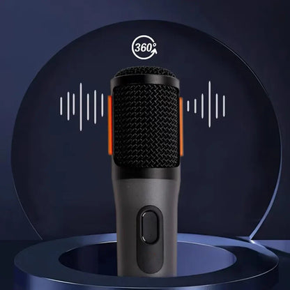 Black handheld wireless microphone uhf with textured grille orange accents and rechargeable receiver suitable for parties