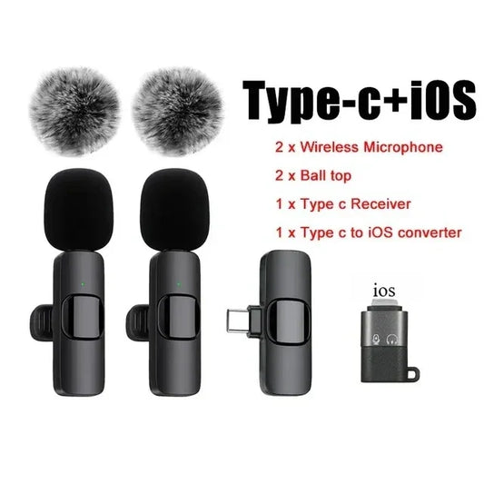 Black wireless mini microphone lavalier with fuzzy gray windscreen and clip for video recording on android and iphone