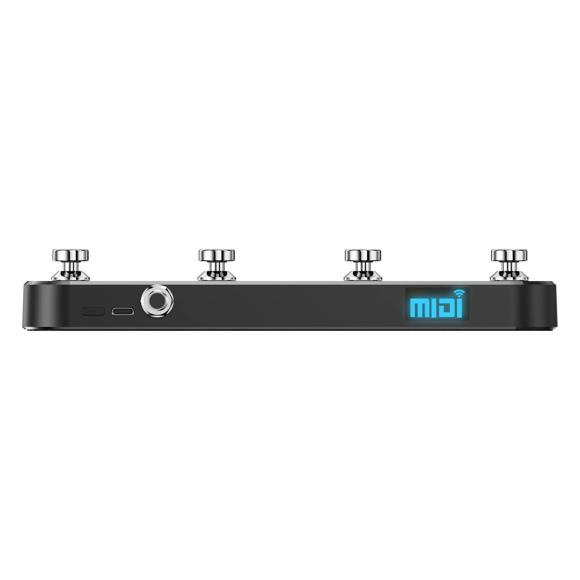 Black midi wireless midi control pedal with four silver knobs usb rechargeable lithum battery and usb port display