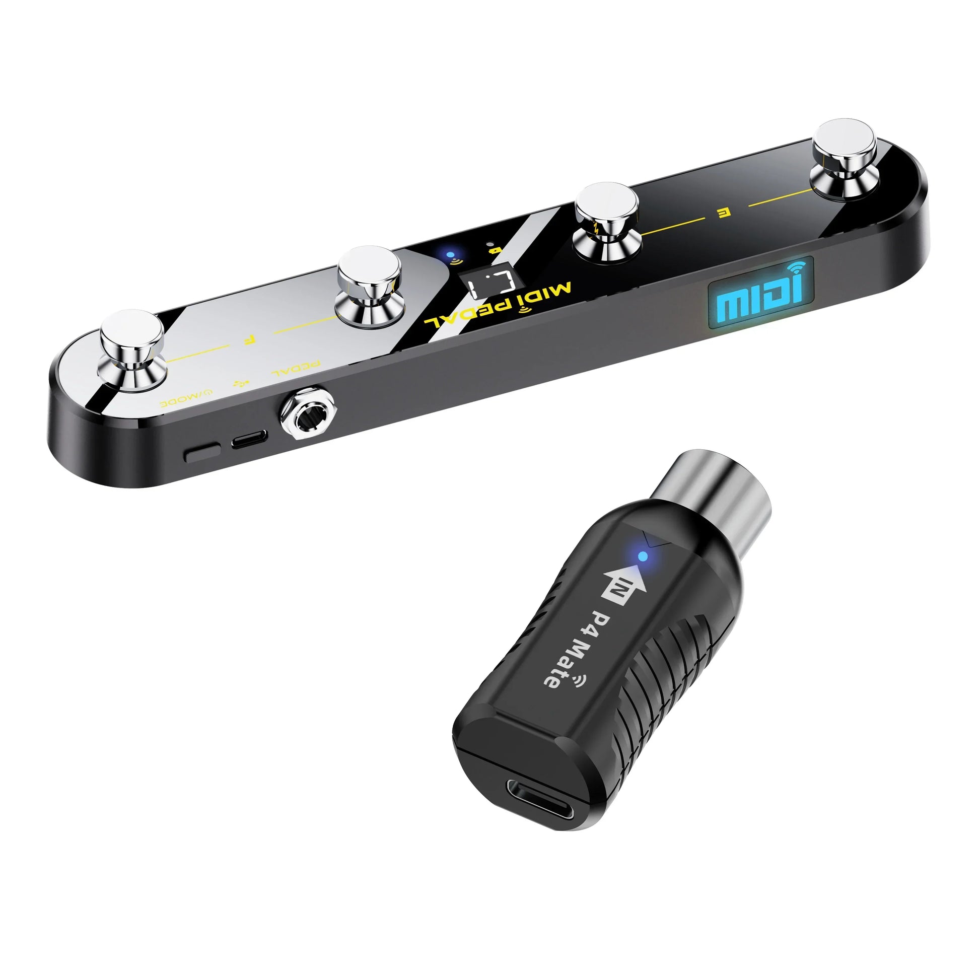 Black midi control pedal with silver knobs and usb rechargeable lithum battery paired with compact wireless midi adapter