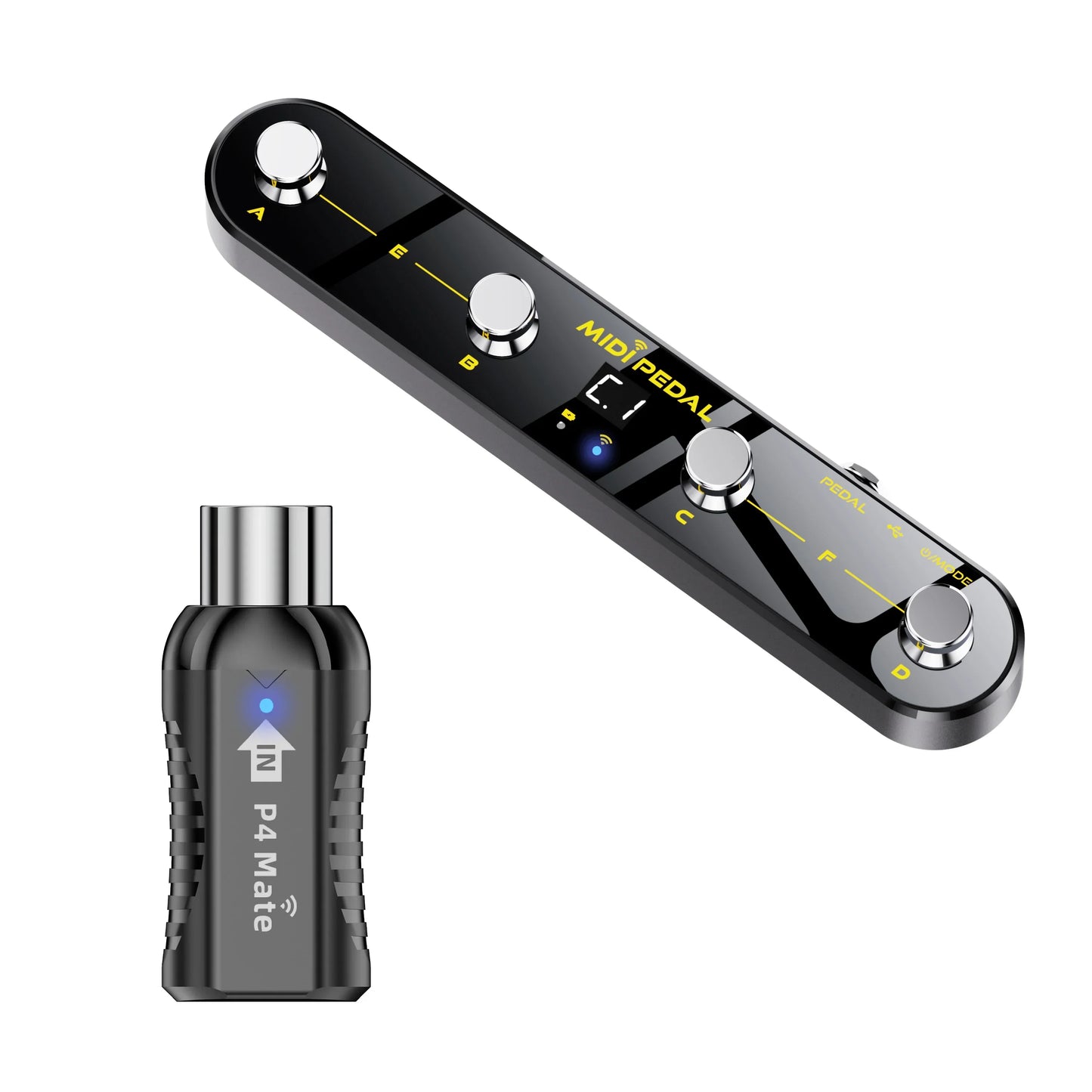 Black midi control pedal with silver knobs and yellow markings paired with a usb rechargeable lithum wireless midi adapter