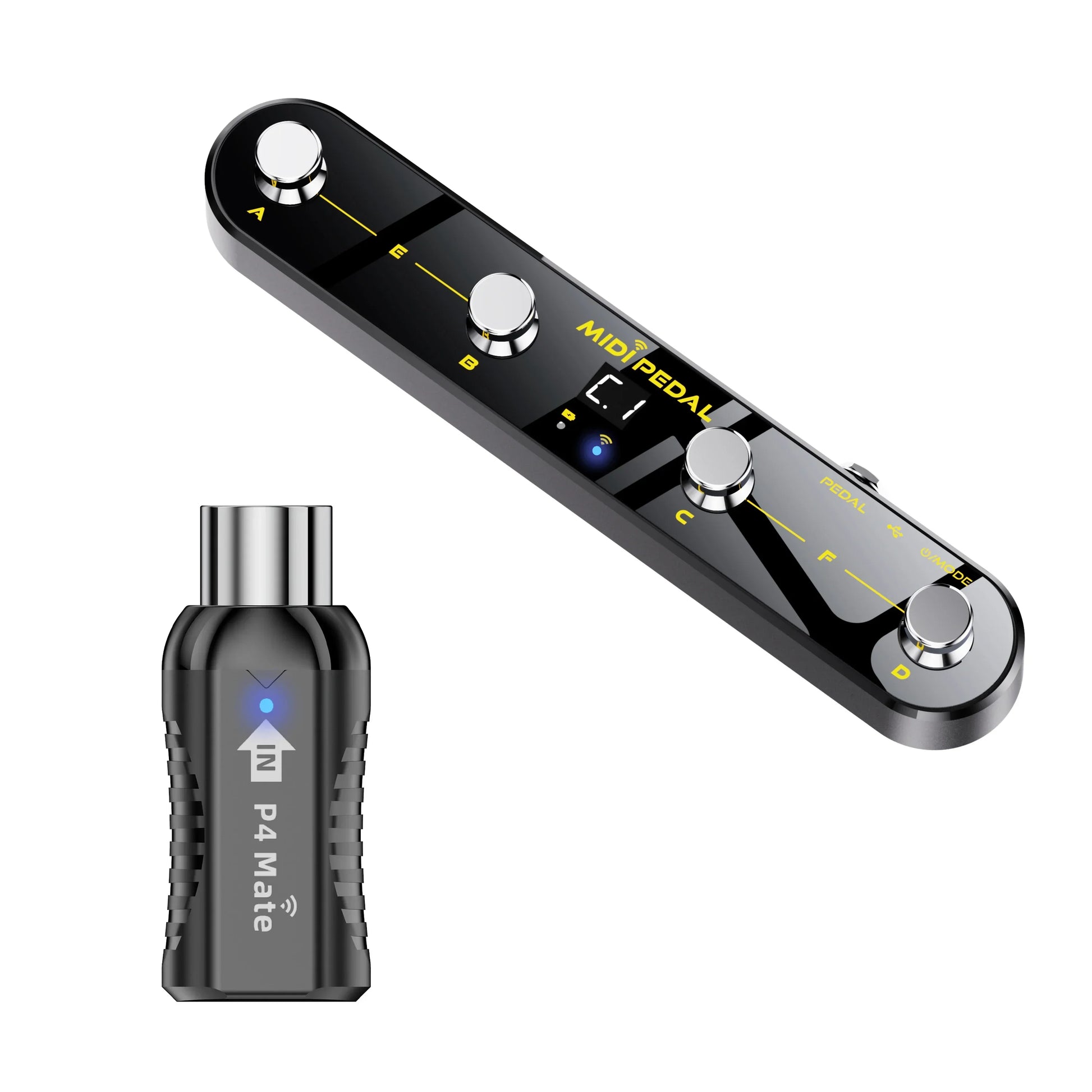 Black midi control pedal with silver knobs and yellow markings paired with a usb rechargeable lithum wireless midi adapter