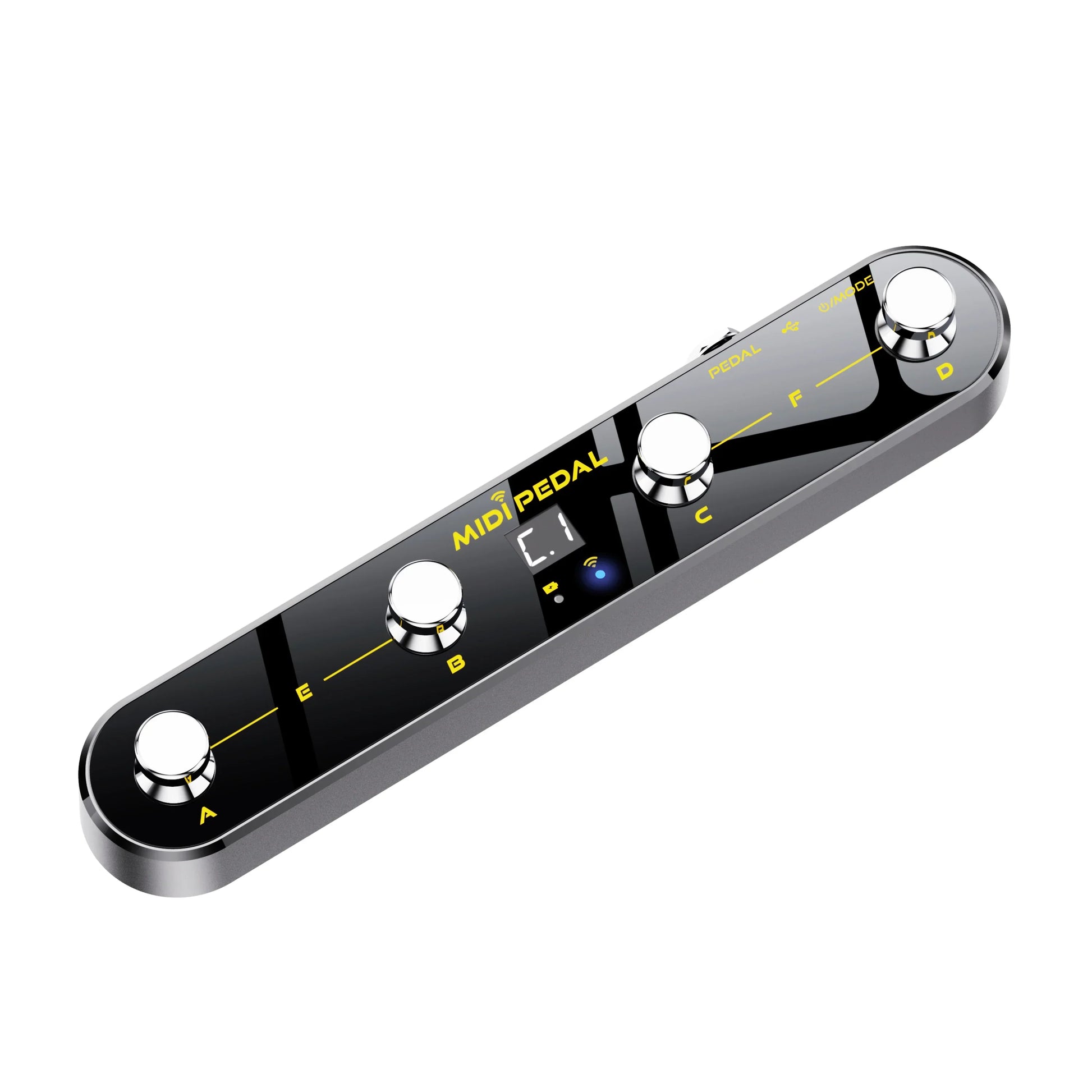 Black midi pedal with silver knobs and yellow labeling featuring a digital display and wi-fi icon for wireless midi control with usb rechargeable lithum battery