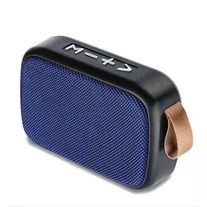 Wireless mini bluetooth speaker with blue fabric design black casing tan strap and 3D stereo sound for outdoor use