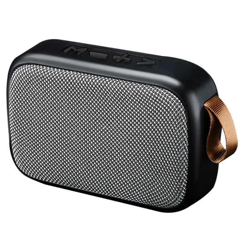 Black wireless mini bluetooth speaker with textured gray mesh grille and tan fabric strap designed for outdoor use