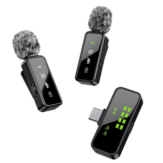 Black wireless mini microphone with fuzzy gray windscreen and led display for youtube podcast vlogging content creator microphones