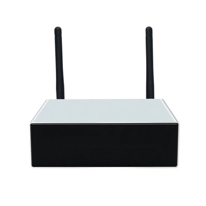 Black and silver rectangular digital multiroom amplifier with two antennas for stereo digital multiroom streaming amplifier home use