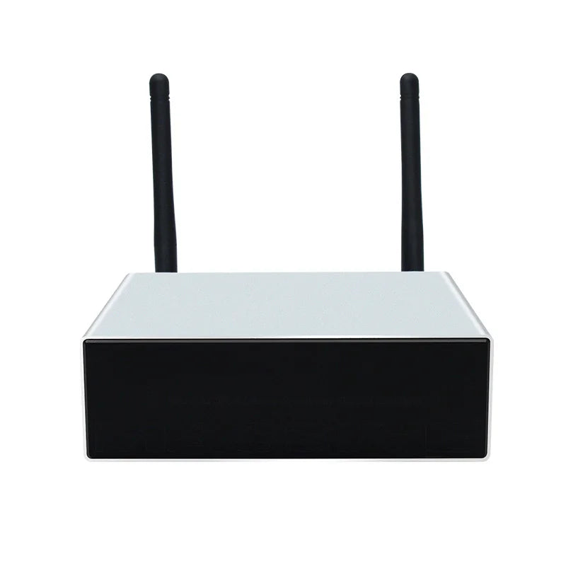 Black and silver rectangular streaming amplifier home with two antennas for stereo digital multiroom audio use