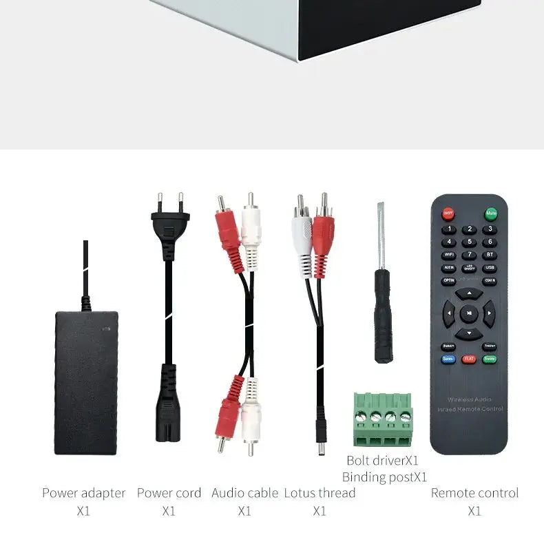 Black rectangular power adapter with short cord for stereo digital multiroom streaming amplifier home use
