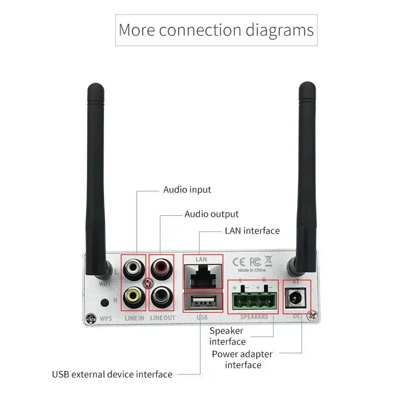 Silver streaming amplifier home with two black antennas and multiple ports including rca and usb for digital multiroom use