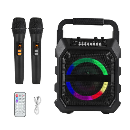 Black wireless musical instrument speaker with rainbow led lighting and handle for karaoke microphone speaker use