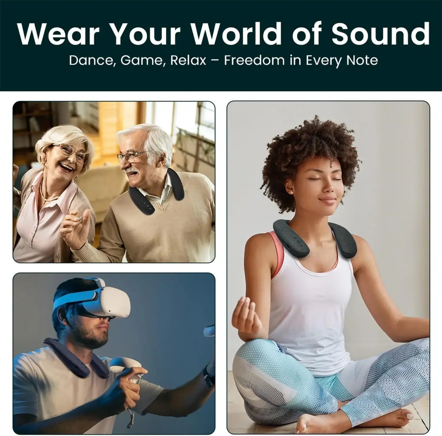Black wireless neckband speaker with 3d stereo sound and type-c quick charging for gaming and tv use