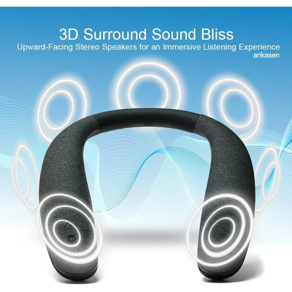 Black fabric wireless neckband speaker with upward-facing stereo speakers for immersive 3d stereo sound and type-c quick charging