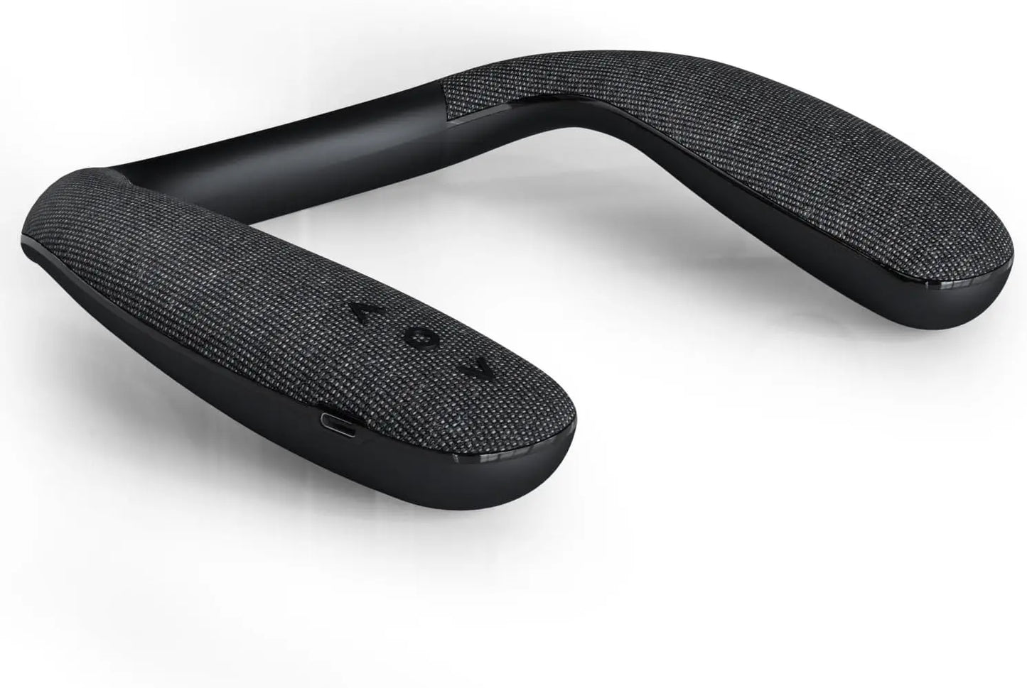 Black fabric wireless neckband speaker with sleek curved design and type-c quick charging for 3d stereo sound