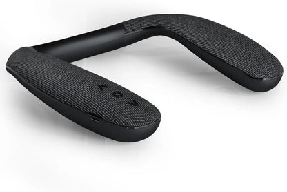 Black fabric wireless neckband speaker with sleek curved design and type-c quick charging for 3d stereo sound