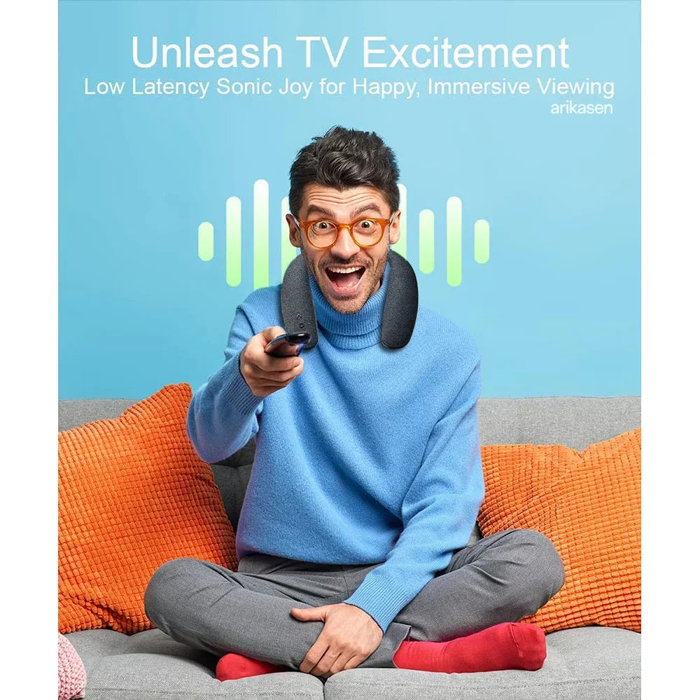 Gray wireless neckband speaker with soft cushioning and type-c quick charging for immersive 3d stereo sound experience