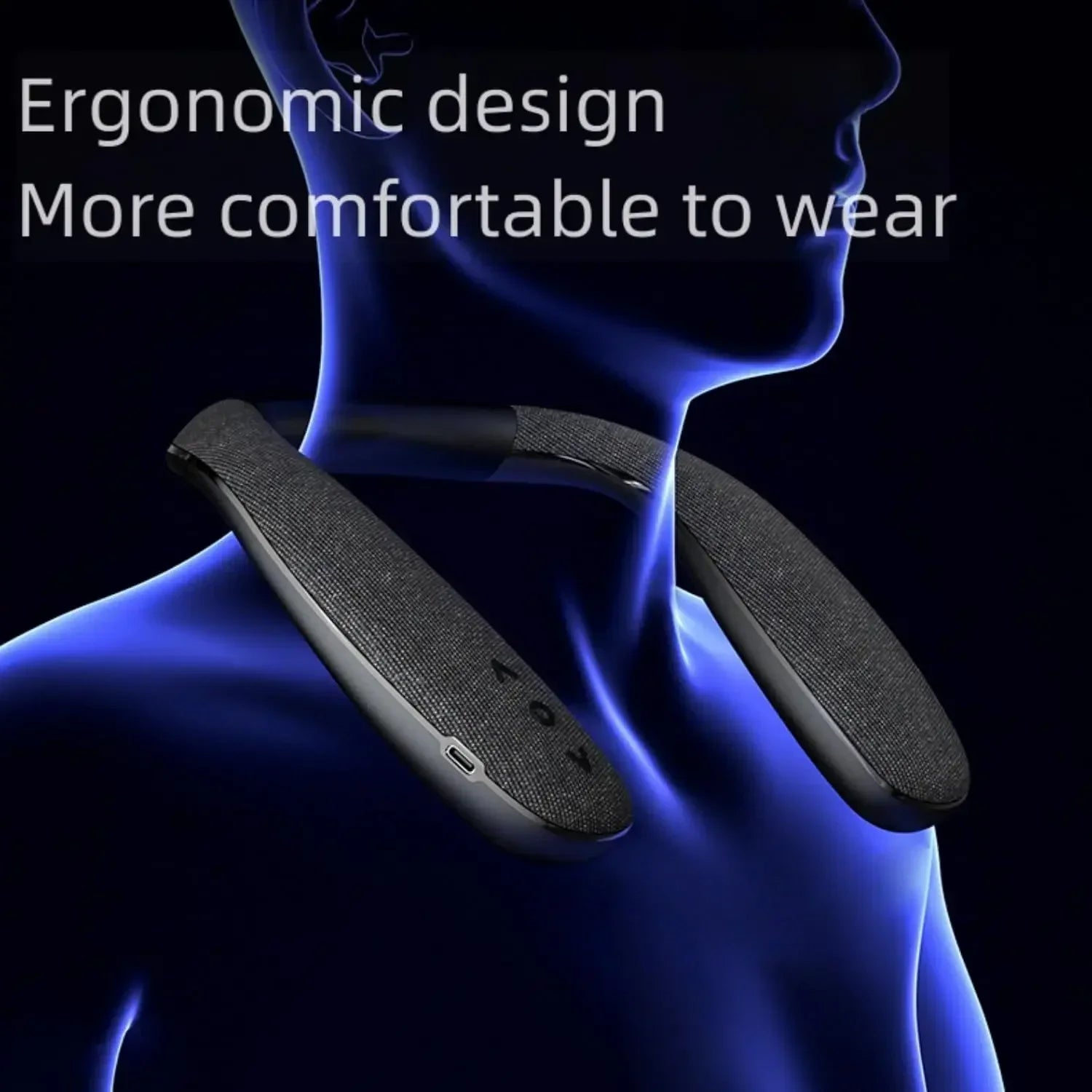 Black and silver wireless neckband speaker with textured fabric surface featuring 3d stereo sound and type-c quick charging