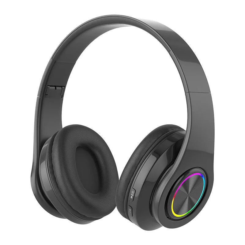 Black over ear wireless headphones with active noise canceling deep bass rainbow led light and portable folding design