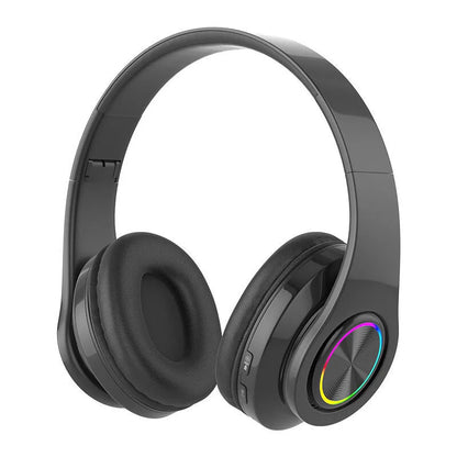 Black over ear wireless headphones with active noise canceling deep bass rainbow led light and portable folding design