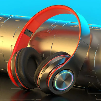 Wireless over ear headphones in red and black with sleek metallic finish active noise canceling and portable folding design