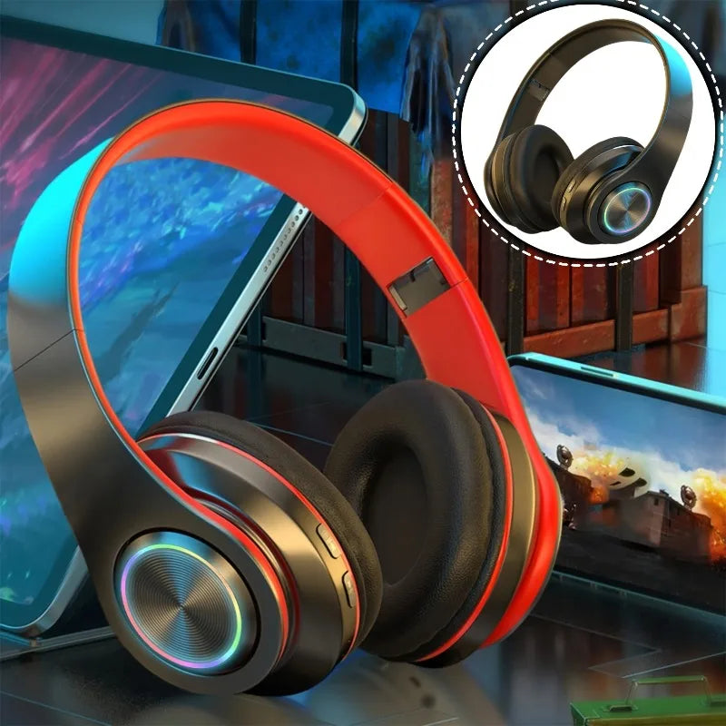Red and black wireless over ear headphones with active noise canceling deep bass and portable folding design with led light accents