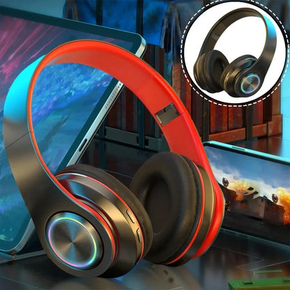 Red and black wireless over ear headphones with active noise canceling deep bass and portable folding design with led light accents