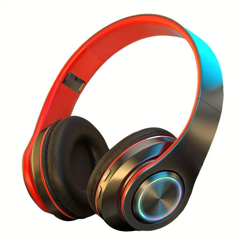 Red and black wireless over ear headphones with active noise canceling deep bass and portable folding design with rgb lighting