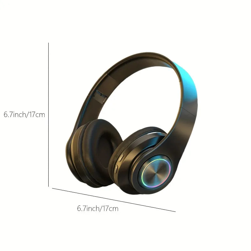 Black wireless over ear headphones with active noise canceling deep bass glowing blue led lights and portable folding design