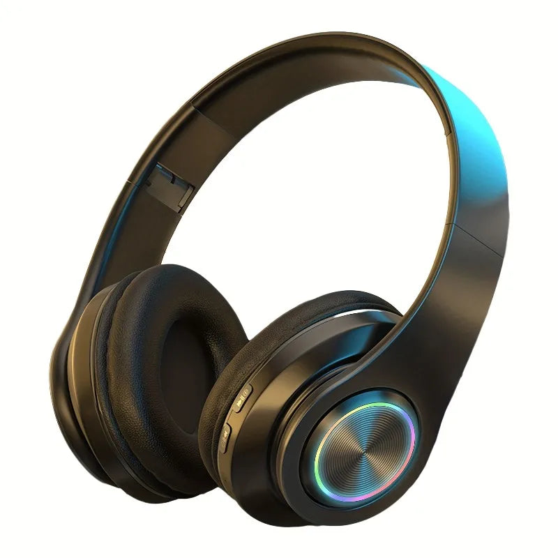 Black over ear wireless headphones with active noise canceling deep bass and portable folding design with led lighting