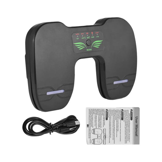 Black wireless page turner pedal with green illuminated logo and foot pads for portable music page turning
