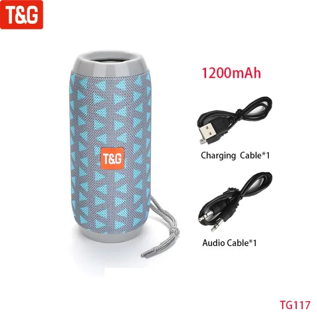 Blue and gray patterned wireless portable bluetooth speaker with mesh exterior and orange t&g logo for audio hand free use