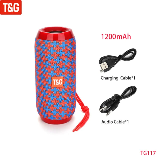Red and blue patterned tg117 wireless portable bluetooth speaker with textured fabric, radio fm subwoofer, and audio hand free features