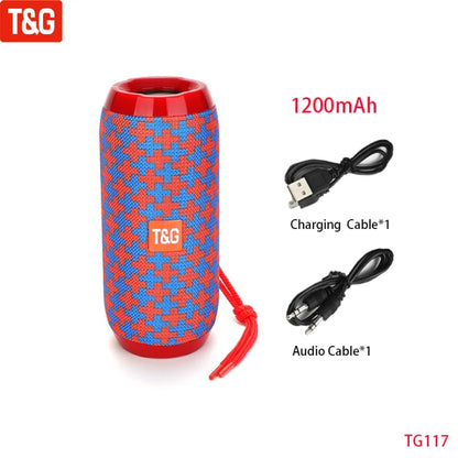 Red and blue patterned tg117 wireless portable bluetooth speaker with textured fabric, radio fm subwoofer, and audio hand free features