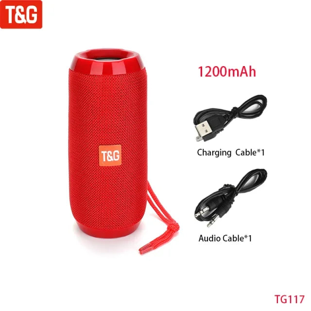 Red t&g tg117 wireless portable bluetooth speaker with textured fabric exterior and matching red carrying strap for audio hand free use