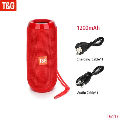 Red t&g tg117 wireless portable bluetooth speaker with textured fabric exterior and matching red carrying strap for audio hand free use