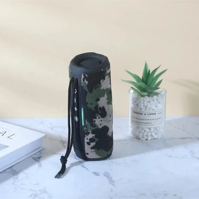 Camouflage wireless portable bluetooth speaker with black mesh rubberized edges carrying strap radio fm subwoofer audio hand free