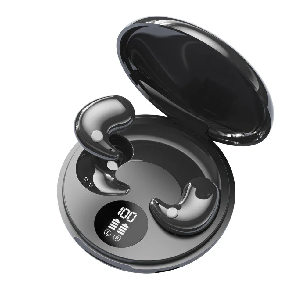 Black wireless sleep invisible earbuds with glossy finish in open charging case digital battery indicator mini headphones gaming sport headphones hifi music tws earphones