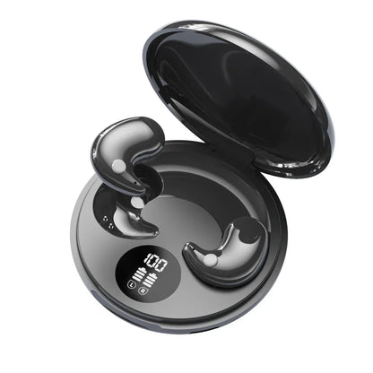 Black wireless sleep invisible earbuds with glossy finish in open charging case digital battery indicator mini headphones gaming sport headphones hifi music tws earphones