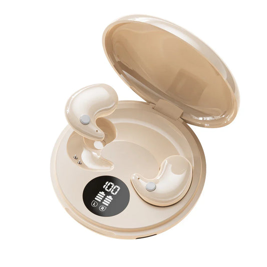Beige wireless sleep invisible mini headphones gaming earbuds in a circular charging case with 100% battery display