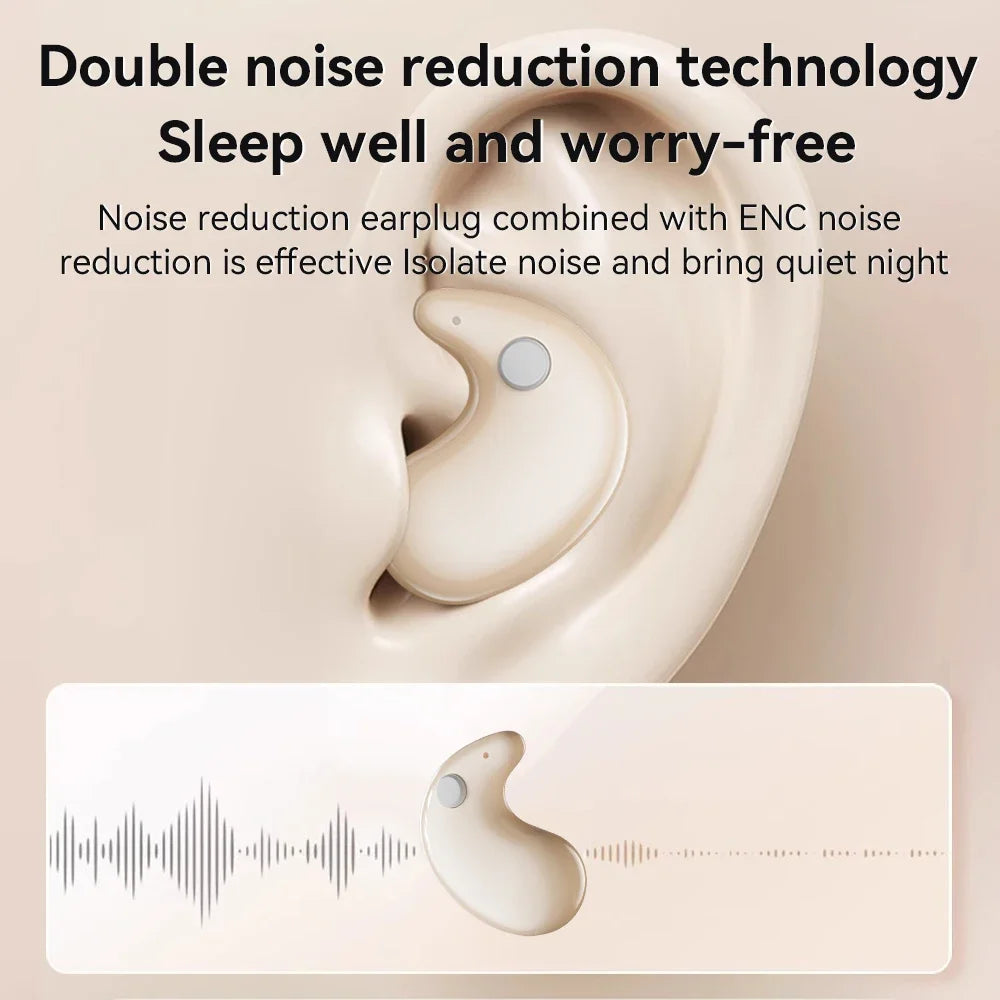 Cream-colored silicone wireless sleep earbuds with small sensor designed for noise reduction sport headphones hifi