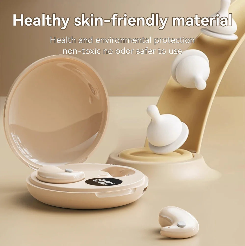 Cream-colored wireless sleep earbuds with soft silicone tips in a matching case for mini headphones gaming and sport headphones hifi